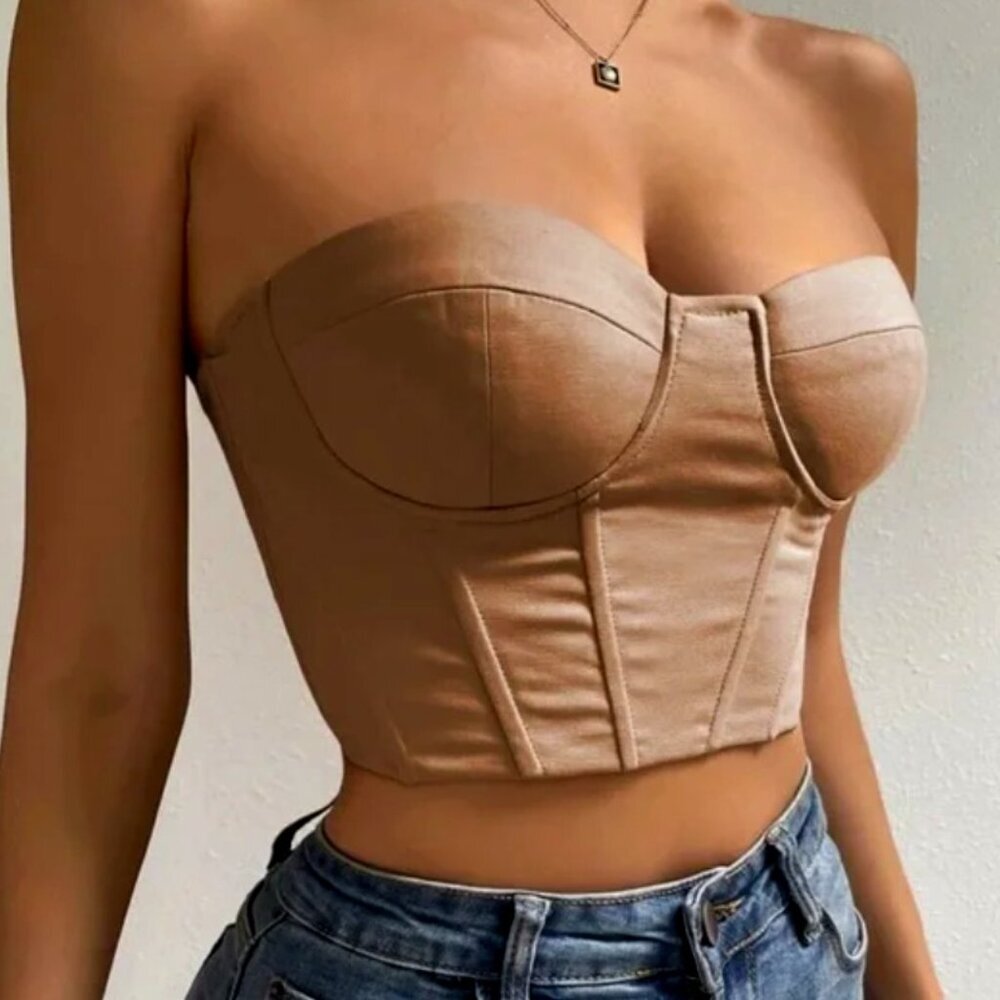 SHEIN Cotton Bustier Top with Grommet Satin Ribbon Lace Up Back, Camel XS NWOT